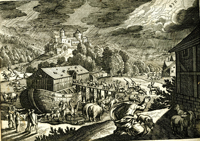 Engraving of Noah's Ark with unicorns