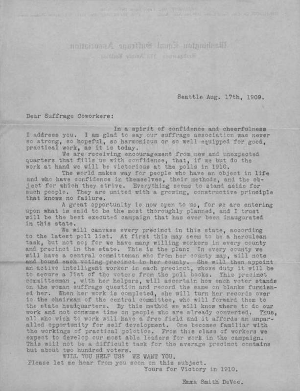 A Letter from Emma Smith DeVoe, President of the Washington Equal Suffrage Association, to Homer H. Hill regarding the Suffrage Movement, 1909