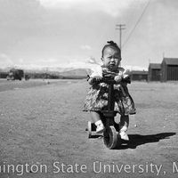 Little girl riding a tricycle outside of the barracks